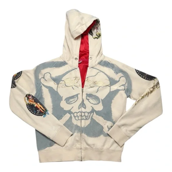 Rare Vintage Ed Hardy Skull Zip Hoodie Y2K Tattoo Streetwear Size L #125-030240 - Picture 2 of 16